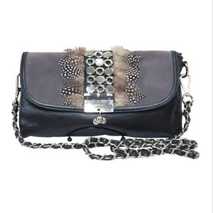 Vintage Nicole Lee Black Faux Leather Chain Purse w/feathers Shoulder bag